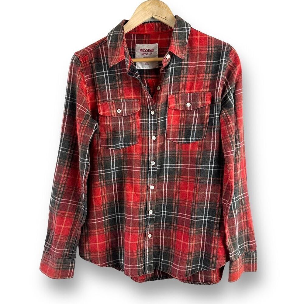 Mossimo Women's L Classic Plaid Flannel Button Up Red Maroon Pocket Front Fall